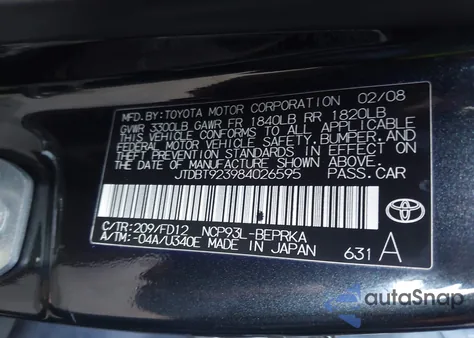 2008 Toyota Yaris from USA, damaged, VIN JTDBT923984026595